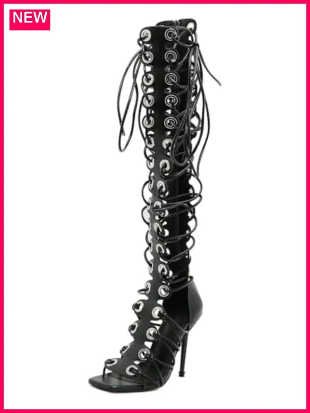 Faux Leather Peep Toe Gladiator Sandals Lace Up High Heel Zip Over Knee Bootie